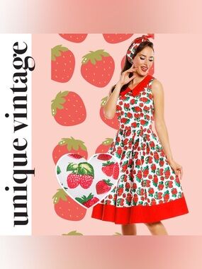 Unique Vintage 50s Dolly & Dotty White Strawberry Hazel Swing Dress, XL, NWT!